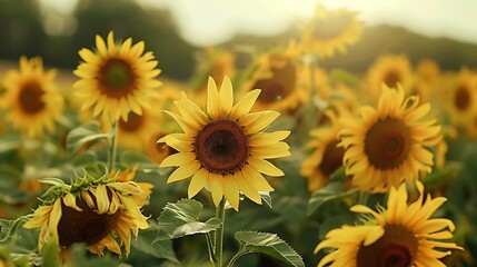 Obraz premium sunflower, flower, field, nature, summer, yellow, sunflowers, agriculture, plant, sun, sky, blossom, beauty, flora, bright, garden, blue, leaf, blooming, floral, spring, flowers, color, beautiful, sun