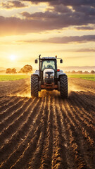 Obraz premium unmanned modern tractor plow the land in agricultural field, vertical