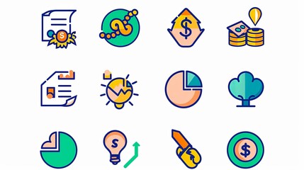 Fototapeta premium A set of 12 different icons, including a dollar sign, a key, a tree, and a graph