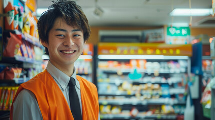 Friendly male store clerk with a welcoming smile in a fully-stocked convenience store