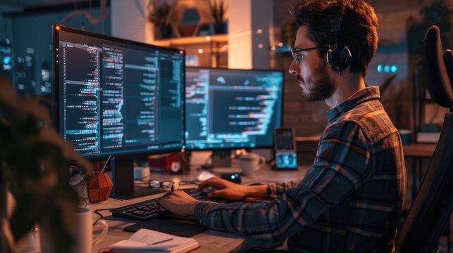 A software developer works on code late into the night, illuminated by the glow of multiple computer screens in a modern office. AIG41