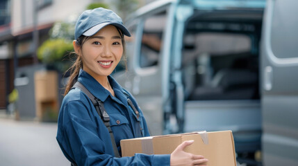 Smiling asian delivery woman in uniform holding a package, ready for dispatch