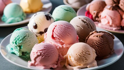 A plate of ice cream with different colors and flavors on it, AI