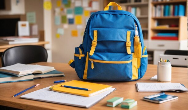 A school backpack on a desk with colorful school supplies.