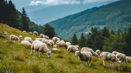 Fototapeta premium landscape, sky, nature, mountain, grass, clouds, field, summer, green, mountains, cloud, meadow, countryside, forest, hill, tree, panorama, valley, view, hills, travel, scenery, rural, weather, trees