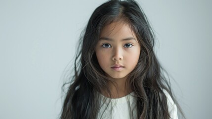 Fototapeta premium a 7 year old girl with long black hair on a white background standing up looking forward