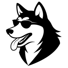 Create an image of a Siberian Husky with black and white fur, wearing a sunglasses, positioned in profile against a white background. The Husky has its tongue out, suggesting a relaxed or happy demean