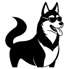 Create an image of a Siberian Husky with black and white fur, wearing a sunglasses, positioned in profile against a white background. The Husky has its tongue out, suggesting a relaxed or happy demean