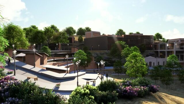 Animation of the design of a school with several buildings