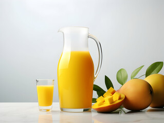 Fototapeta premium A Glass of mango with ripe mango, Refreshing and healthy mango juice ice in a glass with summer background, mango juice photo
