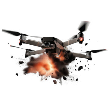 Drone explosion in the air isolated on a transparent background 