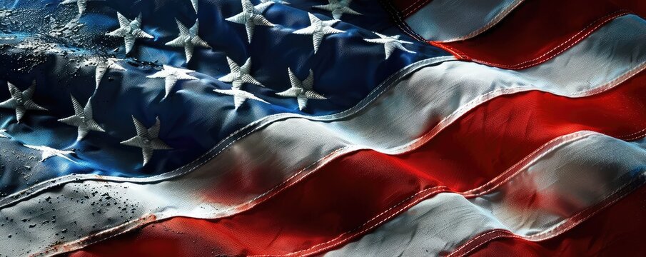 A closely detailed, textured American flag appears to wave dynamically, suggesting movement