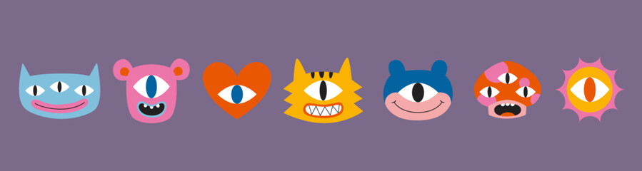 Set of various funny cartoon characters like one or three eyed monsters, heart, tiger, mushroom and sun. Trendy modern vector illustration, hand drawn, flat design