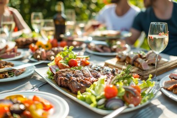 A close-up of a grilled steak with a side of salad on a table with friends enjoying the meal outdoors