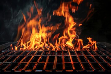 A close-up shot of an empty barbecue grill with flames and smoke