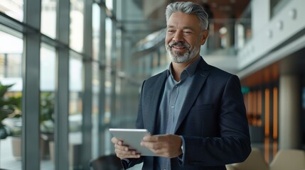 Happy middle aged business man ceo wearing suit standing in office using digital tablet. Smiling mature businessman professional executive manager looking away thinking working on tech device. 