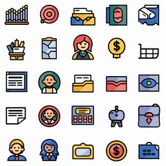 A collection of business icons including a woman in a suit, a briefcase