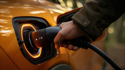 a man is charging  his electric car in rental company 
