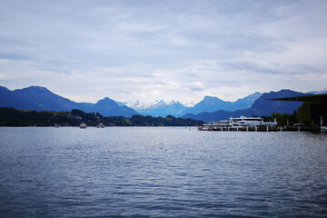 blue lake and mountain in Lucerne-Luzern in Switzerland with sunlight