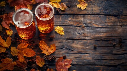 Two Mugs of Beer on Wooden Table