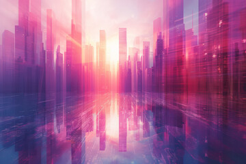 Fototapeta premium abstract of big city , sky scrappers in pink purple light background with lines