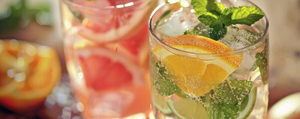 Fototapeta premium refreshing cocktails with ice, mint, and citrus garnishes suitable for social gatherings and celebrations.