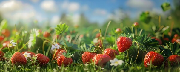 Obraz premium ripe strawberries in a sunlit field with flowers and greenery.