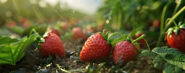  ripe strawberries in a sunlit field with flowers and greenery.