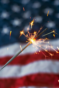 Sparkler Over American Flag for Independence Day. Generative AI image