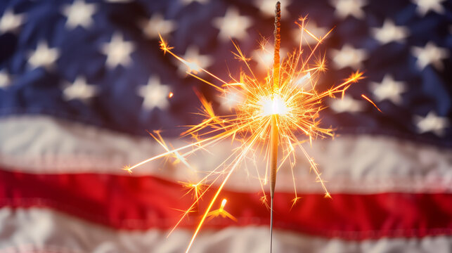 Sparkler and American Flag Celebrating Independence Day. Generative AI image