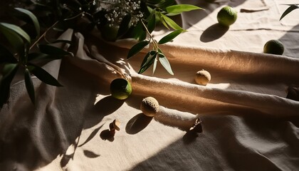 Boho wedding backdrop with natural light shadows on beige linen cloth texture.