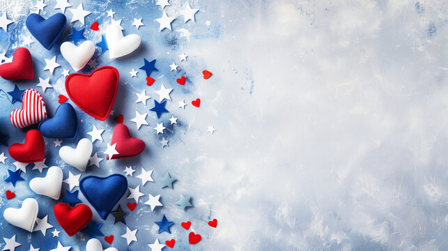 Patriotic hearts and stars celebrating USA Independence Day. Generative AI image