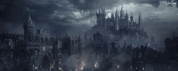 Mysterious and digital artwork of a dark, gothic city shrouded in mist, with a foreboding vibe
