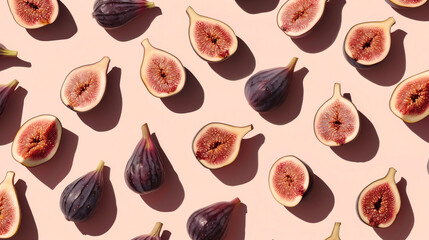 Fresh figs scattered on a pale pink background. Generative AI image