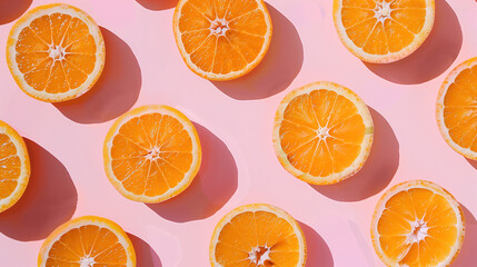 Fresh Halved Oranges on a Pink Background. Generative AI image