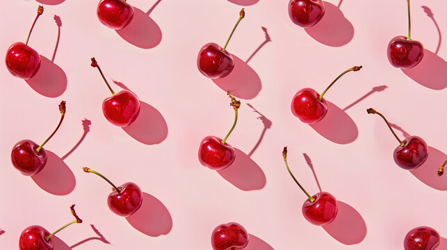 Fresh cherries casting shadows on a pink background. Generative AI image