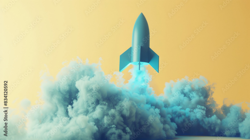 Poster Conceptual artwork of a rocket soaring amidst clouds with a two-tone color scheme