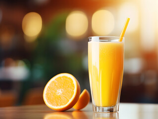 A Glass of orange juice with slice of orange, Refreshing and healthy orange juice ice in a glass with summer background, orange juice photo