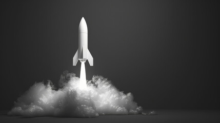 Grayscale image depicting a rocket launching amidst billowing smoke clouds