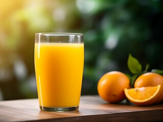 Fototapeta premium A Glass of orange juice with slice of orange, Refreshing and healthy orange juice ice in a glass with summer background, orange juice photo