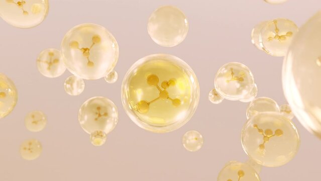 Numerous water bubbles rise&nbsp;in a macro image against a bright background. Design for moisturizing&nbsp;bubble blobs in beauty gloss in super motion. 3D cosmetic serum animation