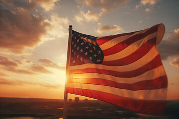 American flag waving at sunset against cloudy sky. Generative AI image