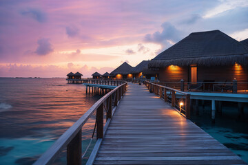 Overwater bungalows under a picturesque sunset sky. Generative AI image