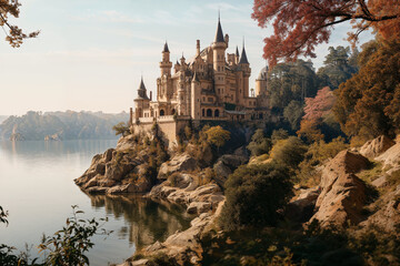 Enchanting castle situated on a cliff overlooking a serene lake. Generative AI image