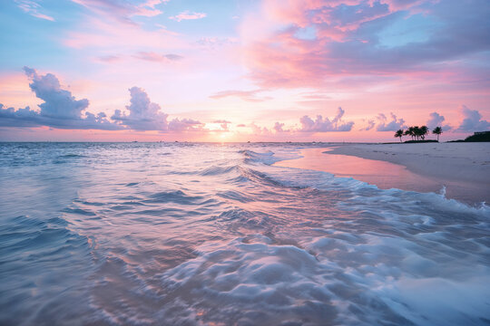 Serene beachscape at sunrise with vibrant sky and gentle waves. Generative AI image