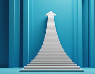 White arrow following the spiral staircase of growth on blue background, 3D arrow climbing up over spiral staircase, 3d stairs with arrow going upward, 3d rendering
