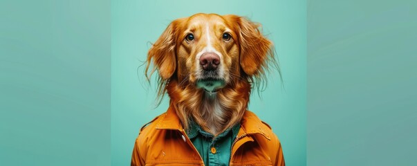 golden retriever dog wearing a scarf and jacket, exuding style and sophistication.
