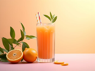 Fototapeta premium A Glass of orange juice with slice of orange, Refreshing and healthy orange juice ice in a glass with summer background, orange juice photo