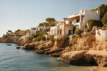 Mediterranean coastline with luxury houses. Generative AI image