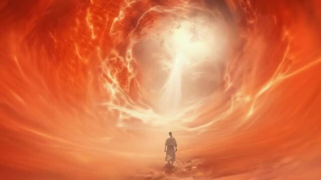 A man, possibly young or middle-aged, walks towards a bright, divine light in a fiery, apocalyptic landscape. The scene evokes a spiritual or end-of-the-world mood. Orange and red dominate